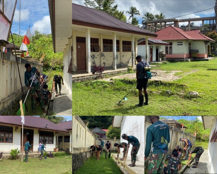 Satgas Pamtas Yonif 763 Bersihkan Sekolah di Perbatasan Papua