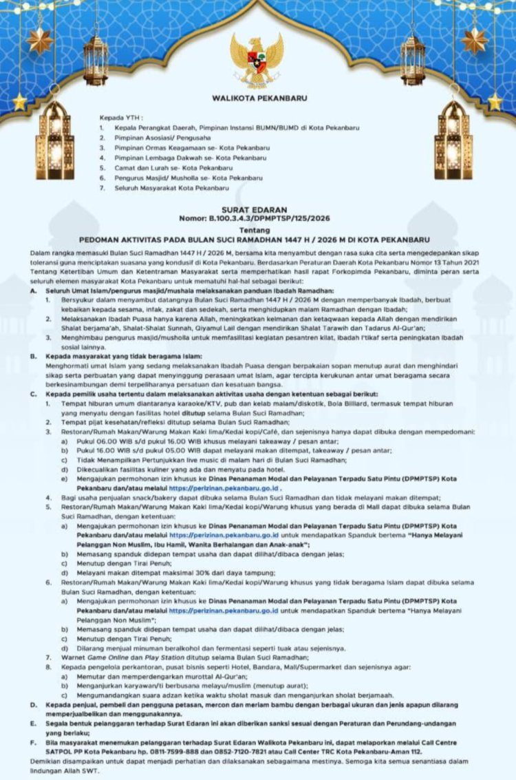 Aturan Ramadan Pekanbaru 2026 Diterbitkan, Fokus Ketertiban dan Toleransi